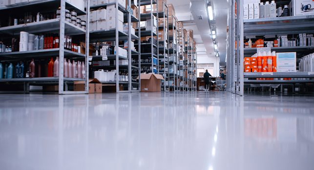 Modern medical supply warehouse with organized shelving and storage systems