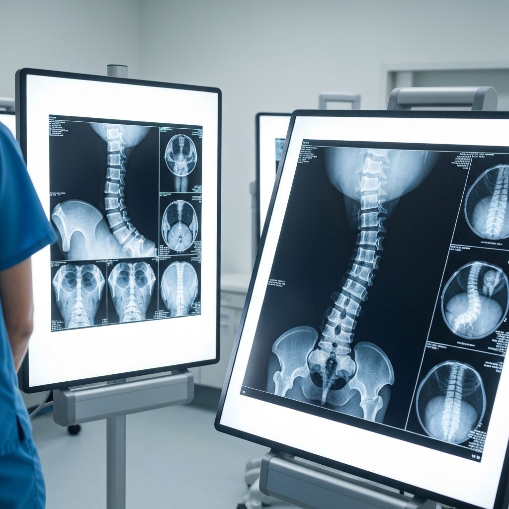 Medical X-ray images displayed on light boxes and viewing screens